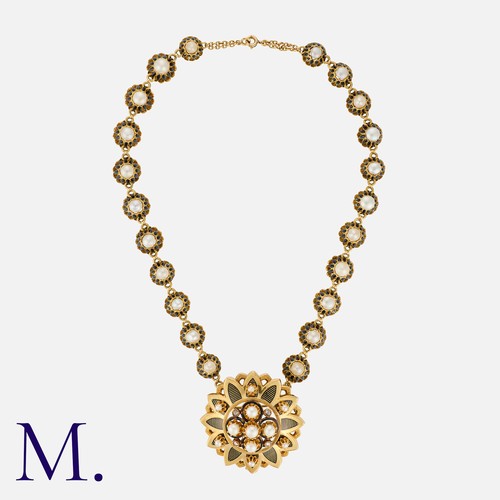 69 - An Antique Pearl, Enamel and Diamond Collar in 18K yellow gold, formed of a central floral pendant w... 