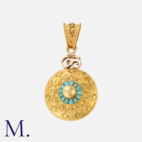 90 - An Antique Pendant Locket in 18K yellow gold, with Etruscan revival filigree work, glazed locket.  F... 