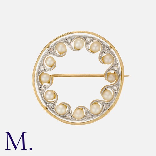 65 - A Pearl and Diamond Brooch in yellow gold, of circular form, set with round pearls and rose cut diam... 