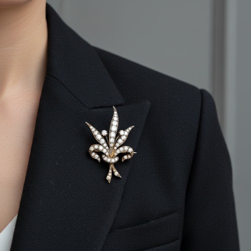 85 - An Antique Diamond Brooch in yellow gold and silver in foliate form, set with old cut diamonds weigh... 