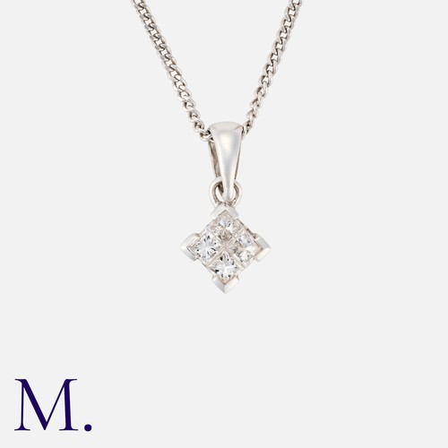 102 - A Diamond Pendant and Chain in 18K white gold, the pendant set with four princess-cut diamonds (appr... 