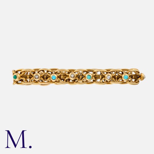 147 - An Unusual Antique Turquoise and Pearl Bracelet in yellow gold, with sprung links allowing the brace... 