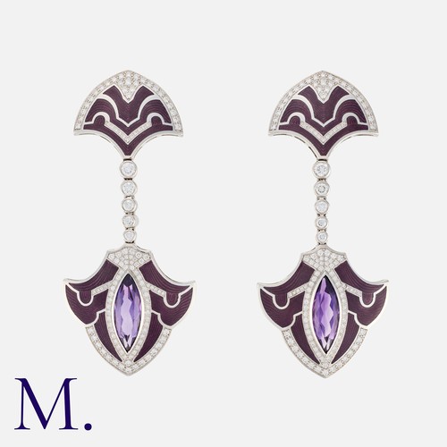 246 - A Large Pair of Amethyst, Diamond and Enamel in 18 carat white gold, set with round cut diamonds tot... 