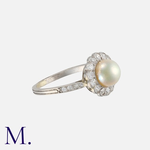 28 - A Pearl and Diamond Cluster Ring in platinum, set with a round cream pearl (dia 7mm) with round cut ... 