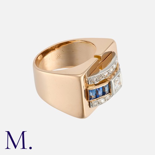 124 - A Retro Sapphire and Diamond Tank Ring in yellow gold, set with a principal old cut diamond of appro... 