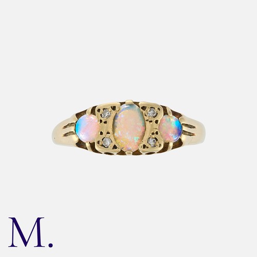 260 - An Opal and Diamond Ring in 9 carat gold, comprising three cabochon opals, with round cut diamond ac... 