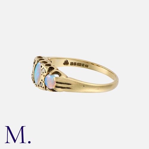 260 - An Opal and Diamond Ring in 9 carat gold, comprising three cabochon opals, with round cut diamond ac... 
