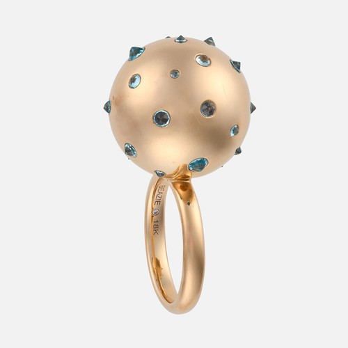 87 - BEAZIE. An Aquamarine Sphere Ring in 18 carat rose gold, comprising a large sphere set with aquamari... 
