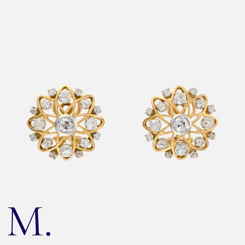 96 - A Pair of French Old Cut Diamond Cluster Earrings in 18 carat yellow gold, each of floral, openwork ... 