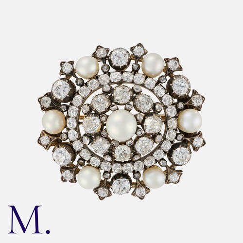 108 - An Antique Pearl and Diamond Brooch in yellow gold and silver, set with seven pearls to an oval form... 