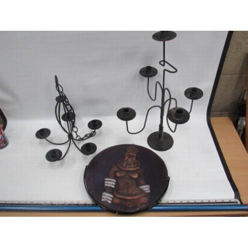 14 - 2 Iron Candelabra and a large round African Candle