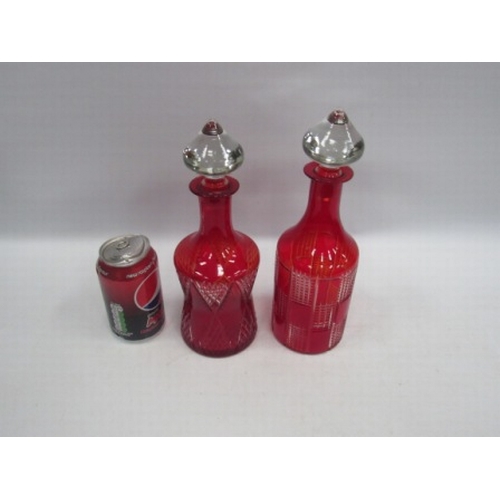 2 - Pair Ruby cut/etched Vintage decanters