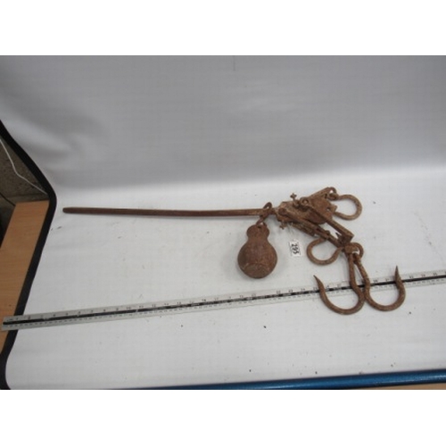 295 - Metal balance beam and hooks from weighing scales