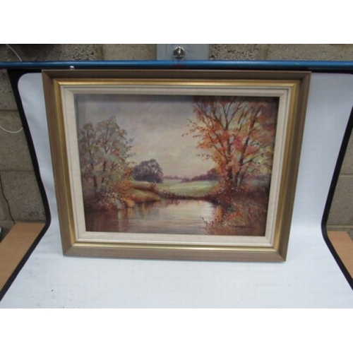 384 - Framed Oil on Board - The Water Meadow early Autumn, sign Megan Hodgkinson