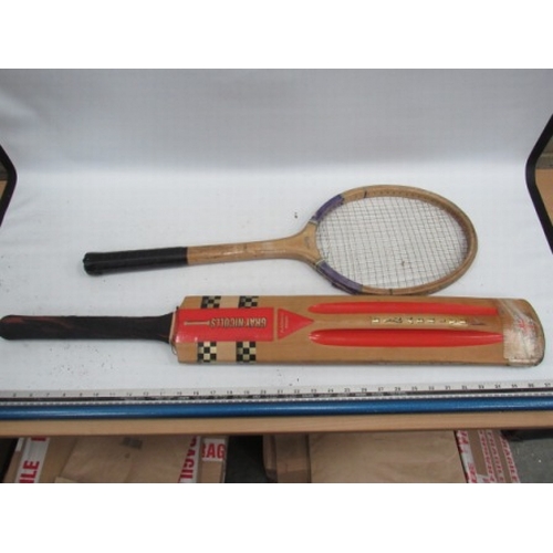 390 - Vintage Tennis Racket + Cricket Bat