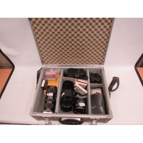 142 - Metal camera case & lenses