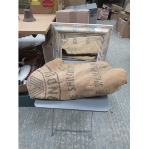 163 - Wall mirror, metal table, vintage sack