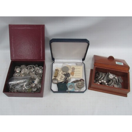 335 - 3 Boxes of items including coins, jewellery, rings