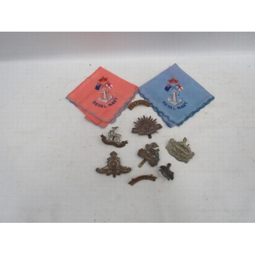 348 - Old military badges & Roayl Navy handkerchiefs