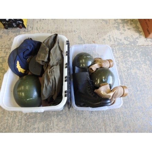 72 - 2 boxes of military clothes, books etc