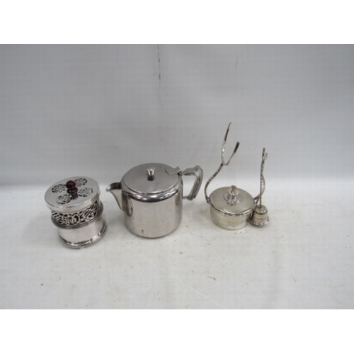 118 - Silver plate brandy warmer old candle burner & old hall T-Pot