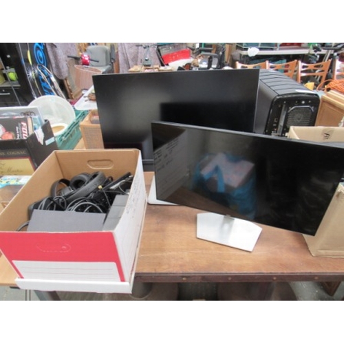 220 - 2 Dell flatscreen Monitors 24/25inch + Box of peripherals inc headphones, leads, keyboards & T.P. Li... 