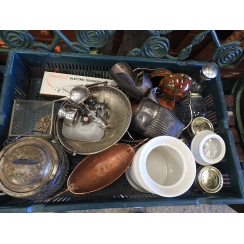 151 - Tray of silver plate + Edwardian biscuit barrel