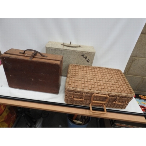 153 - Hamper, wood box + vintage suitcase with key