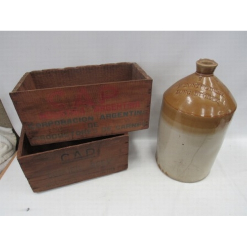 177 - Large local flagon + 2 vintage corned beef boxes