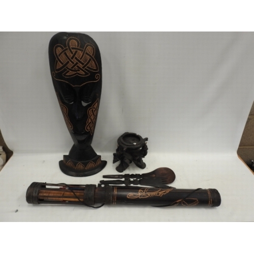 342 - Ethnographic items inc Mask, Bow + Arrows etc