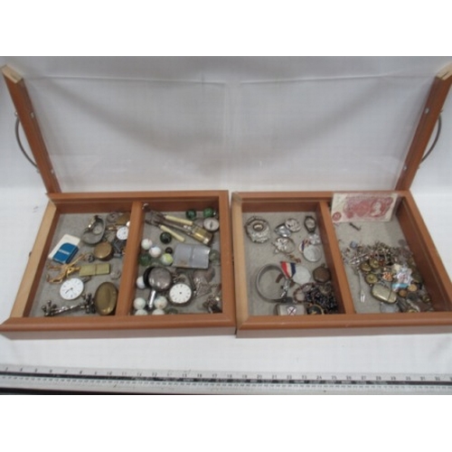 62 - 2 Cabinets of collectables inc silver coins watches