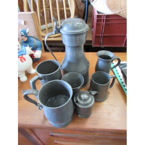 506 - Old Pewter tappet jug, tankards, pots,etc