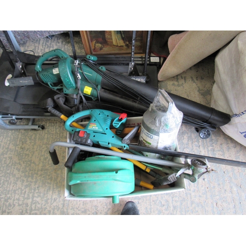 590 - Coopers of Storford Leaf blower/vac, Bosch cordless hedge trimmer, Hoselock sprayer, hose reel + acc... 