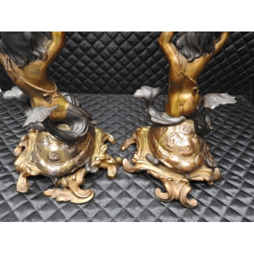 389 - Pair of Bronze turtle & mermaid candlesticks