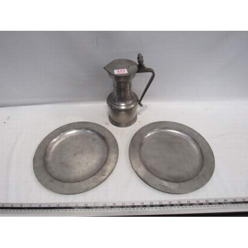 311 - 2 large pewter plates and jug