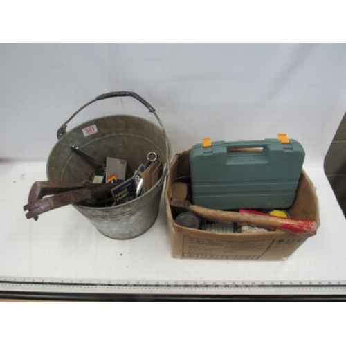 361 - Galvanised bucket, box of tools and fittings