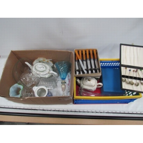 69 - 2 boxes of silver plate ware, china and glass