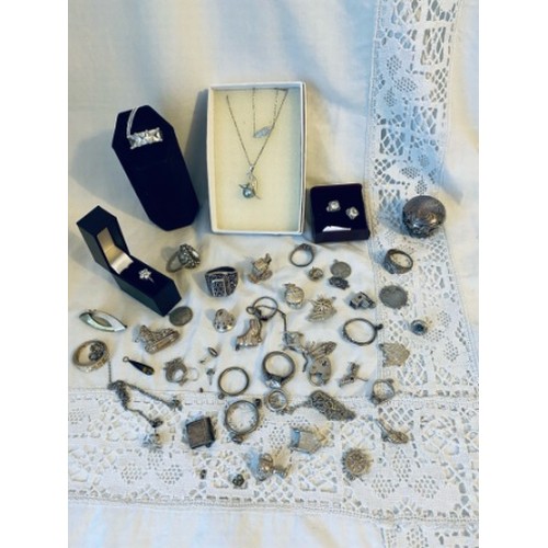 450 - silver 168gr. Rings, charms inc gold charm