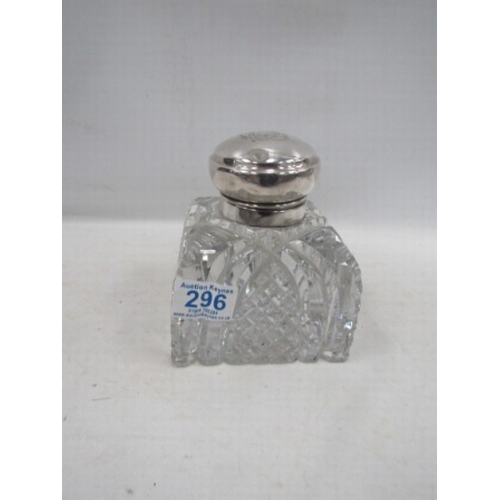 296 - very heavy silver topped desk crystal inkwell a/f