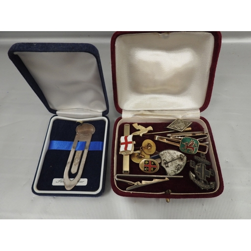 301 - Tie clips, Boys Brigade badges, silver bookmark etc