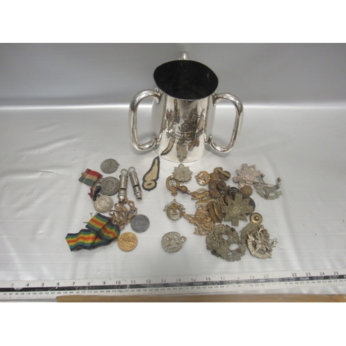 133 - Antique military 3 handle trophy cup & lots of badges/medals