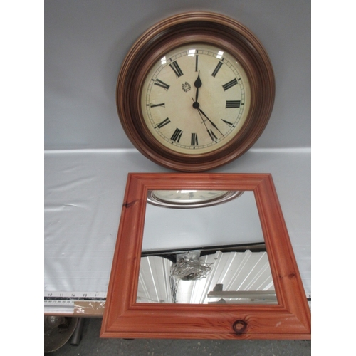 86 - Large wall clock + wood framed mirror