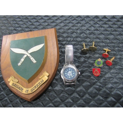 4 - Military police watch, badges + cuff links and Gurkhas wooden plaque