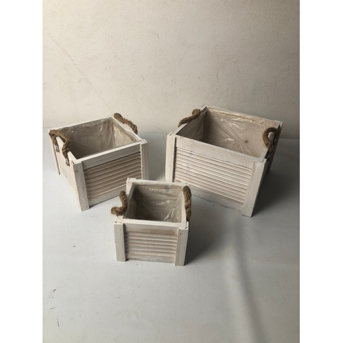 262 - set of 3 square wooden planters with rope handles