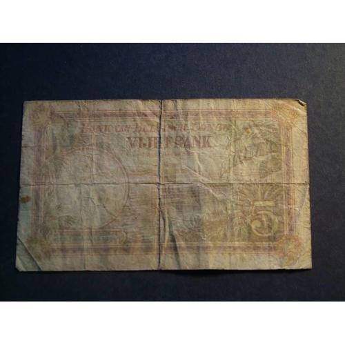 13 - BELGIAN CONGO.  5 Francs, 4.4.1930, P-8c.  Good, vertical closed tear along centre crease.