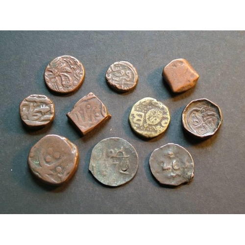 192 - WORLD.  Morocco, 2x small AE fals, 19th cent., plus India; Sikh Empire, brass Paisa, 19th cent., Mar... 