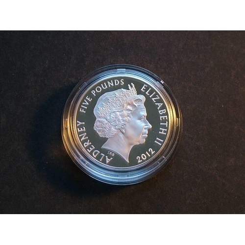 197 - ALDERNEY.  £5, 2012, “DEEP AND ENDURING GRATITUDE FOR ALL THOSE WHO SERVED THEIR COUNTRY”, silver Pr... 