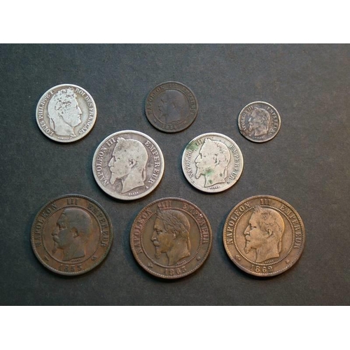 247 - FRANCE.  2 Centimes, 1854B; 10c, 1853B, 1862A, 1865A; 20c, 1867BB; 1 Franc, 1847A, 1866BB; 2Fr, 1868... 