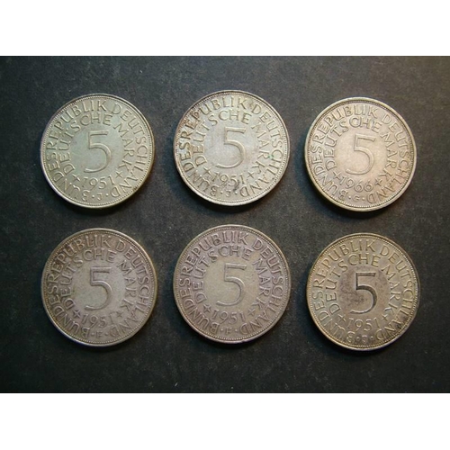 259 - GERMANY.  Federal Republic.  5 Deutschmark; 1951F x2, 1951J x3 and 1966G.  F to GVF  (6)