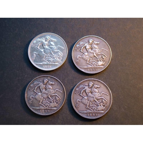 282 - Crown.  1888, 1889, 1890 & 1891, all about NF or slightly better, first polished.  (4)